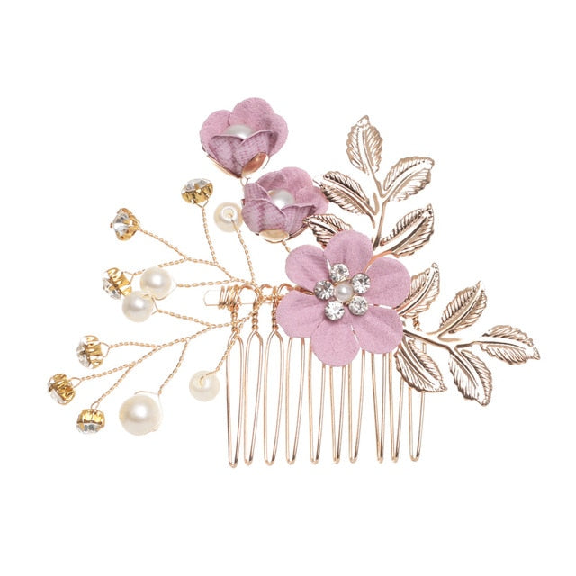 Luxury Blue Flower Hair Combs Headdress Prom Bridal Wedding Hair Accessories Gold Leaves Hair Jewelry Hair Pins