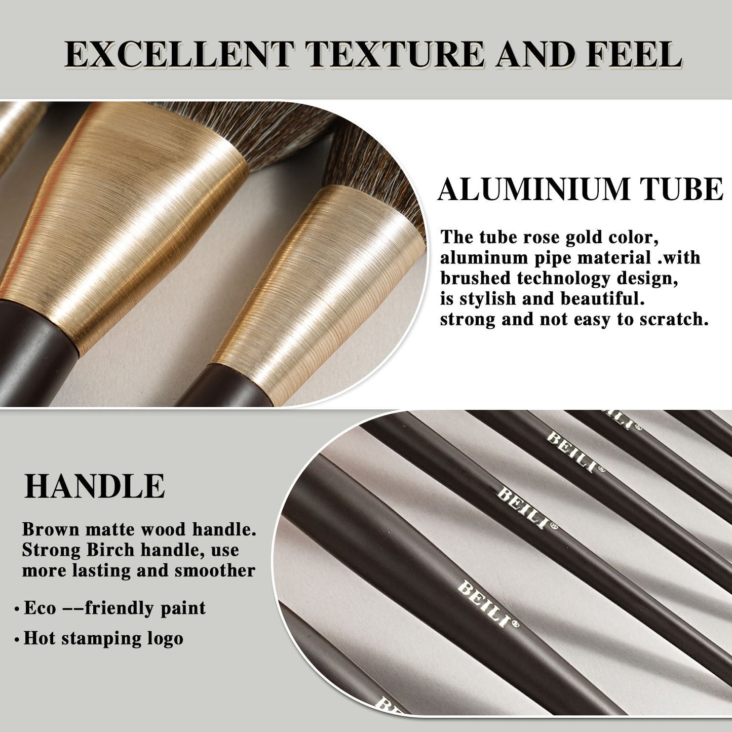 Baili 10pcs Rose Gold Tube Synthetic Hair Vegan Luxury Makeup Brush