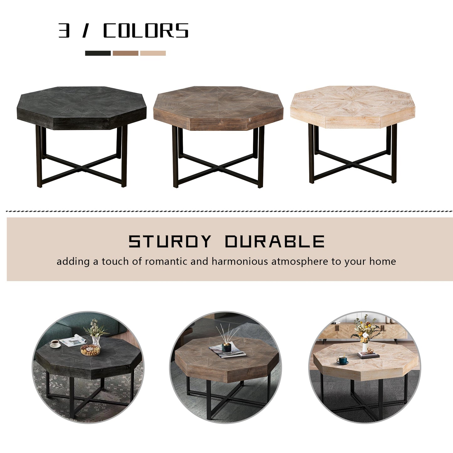 Wooden octagonal retro patchwork craft 30 inch wooden tabletop cross metal leg coffee table (antique brown)