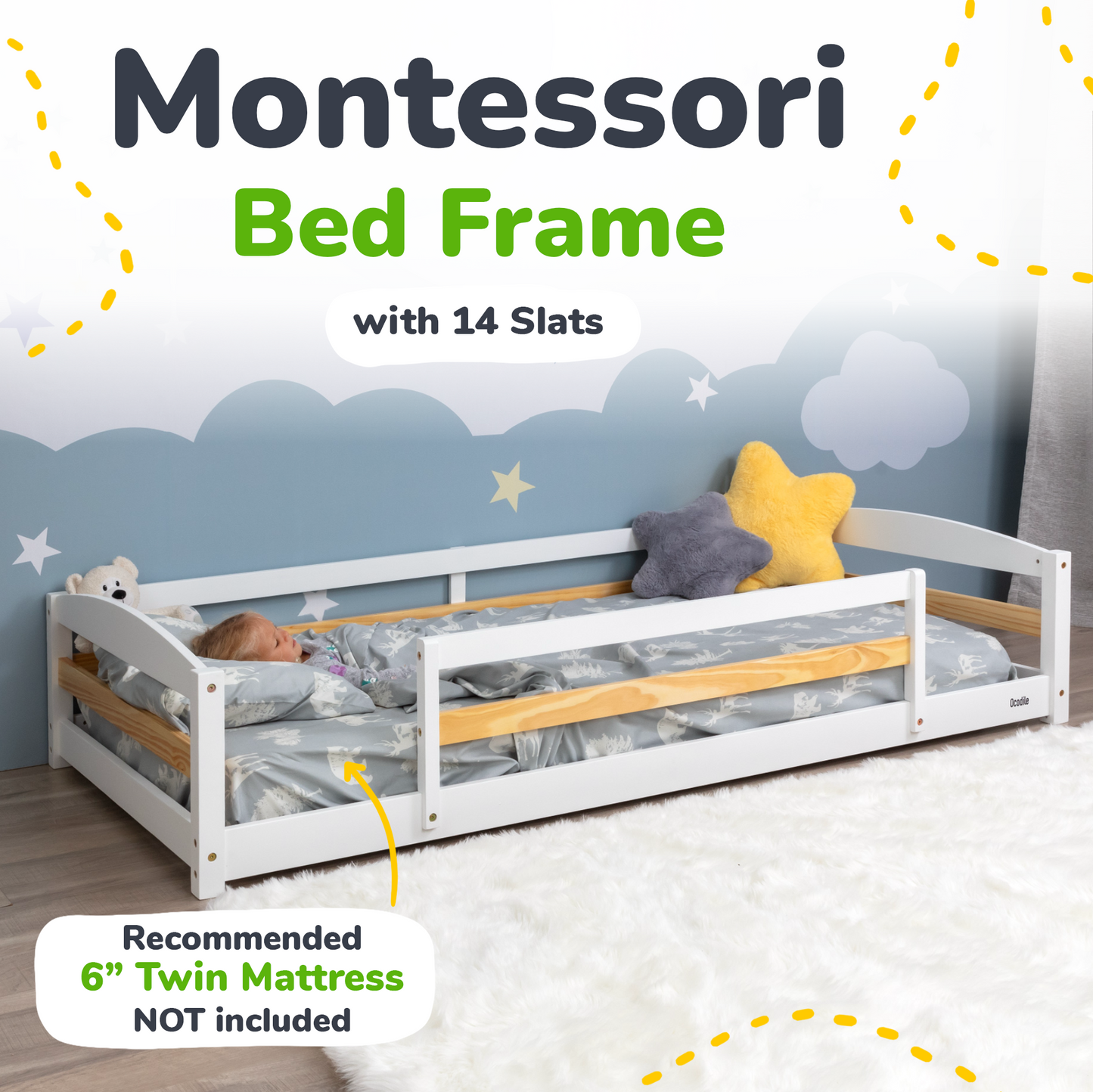 Twin Floor Bed with Safety Guardrails for Kids - Montessori Inspired