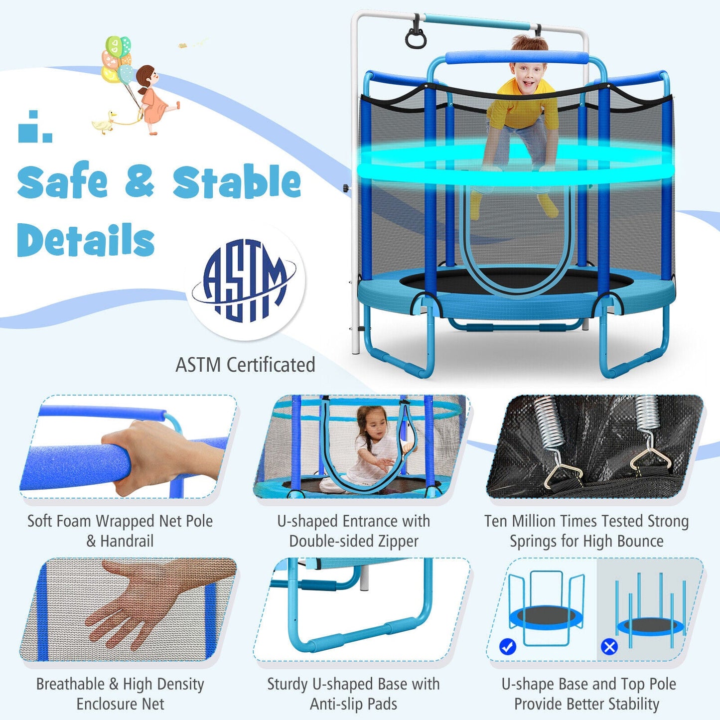 5 Feet Kids 3-in-1 Game Trampoline with Enclosure Net Spring Pad-Blue