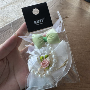 White Gauze Dress + Lake Green Bow + Necklace [Three-piece Set]