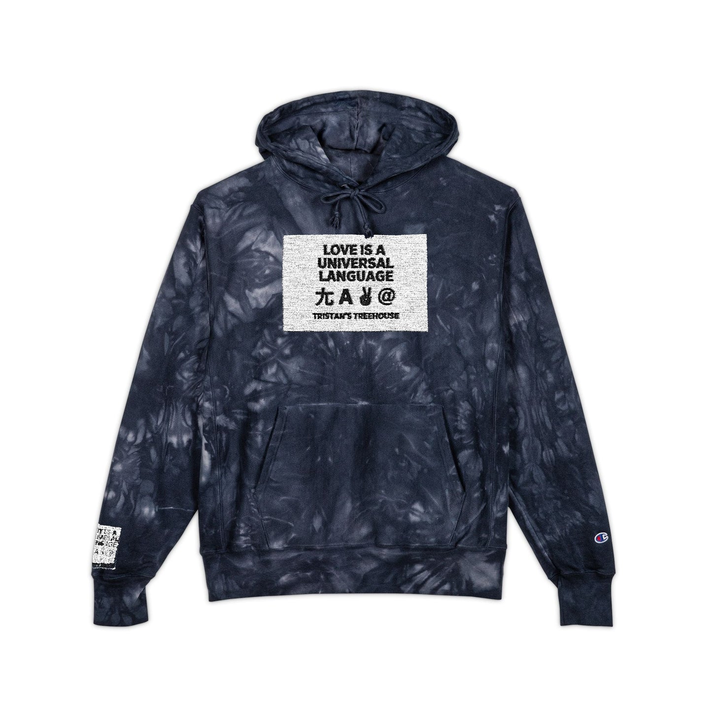 Tie-Dye Champion Hoodie — Embroidered "Love Is A Universal Language" Graphic