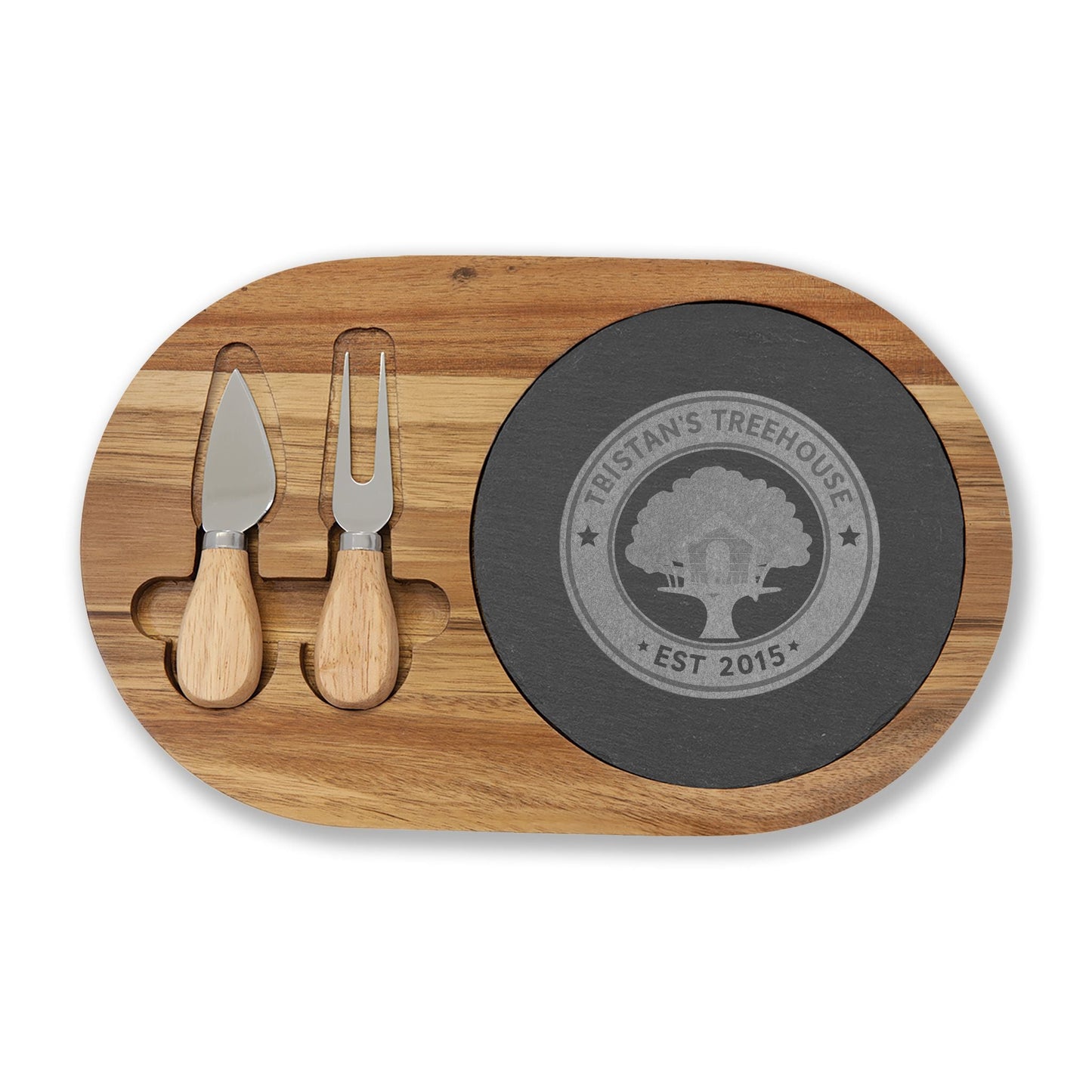 Engraved Tristans Treehouse Acacia Charcuterie Board with Slate Insert & Cheese Knives