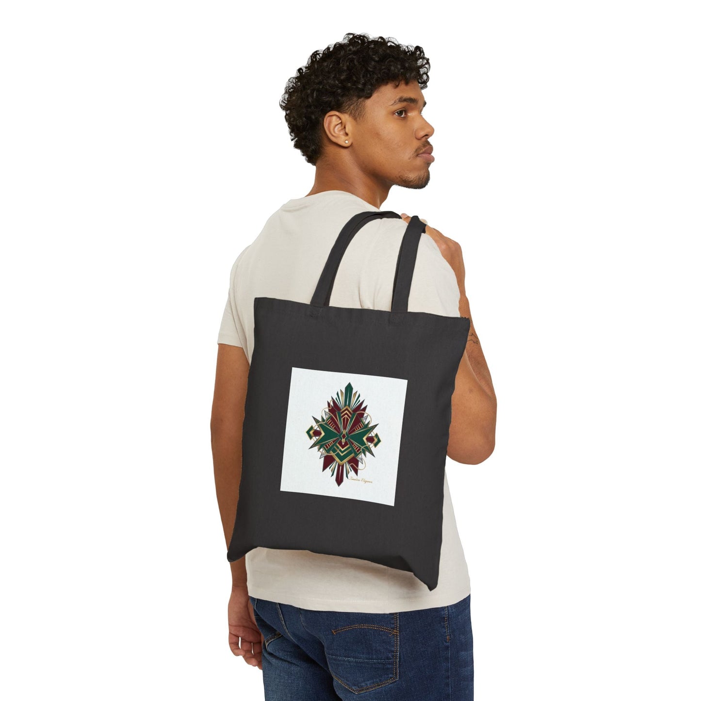 Art Deco Metallic Fan Tote | geometric brass print, emerald jewel motif