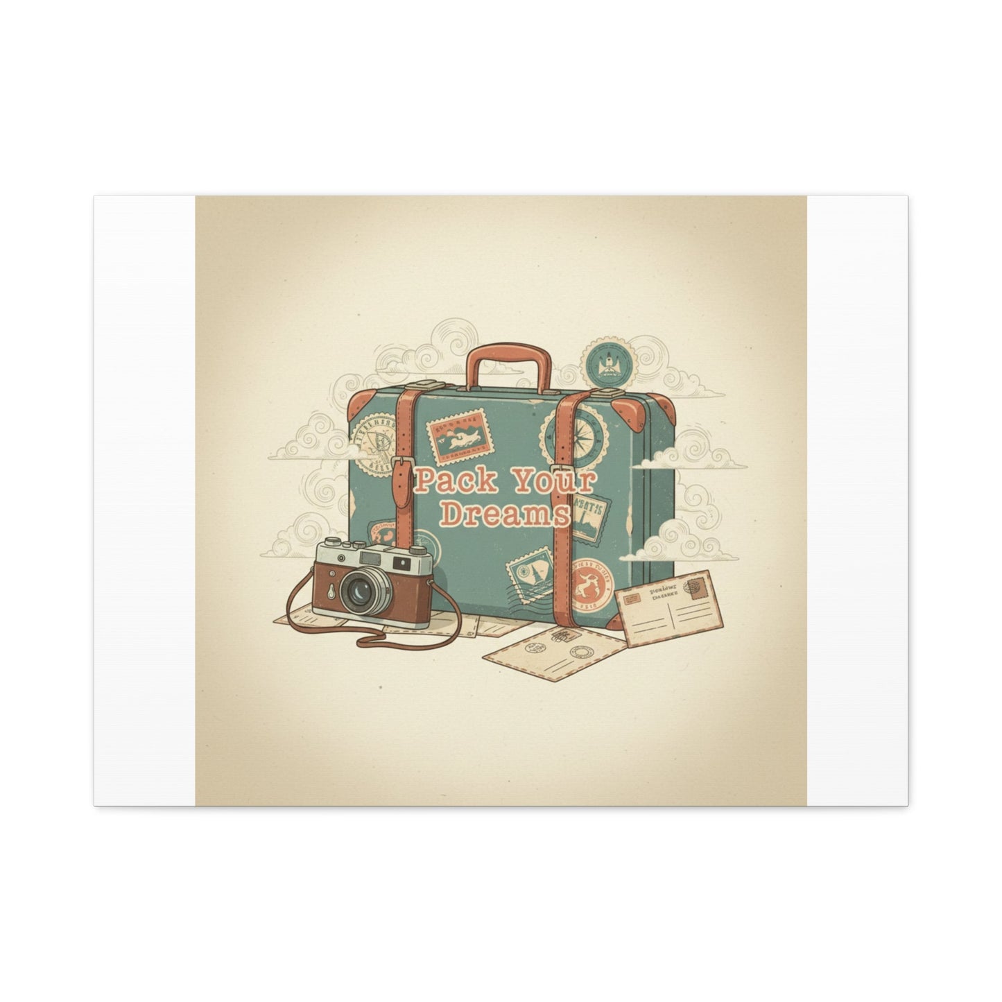 Pack Your Dreams Canvas | Retro Travel Postcard, Wanderlust Passport Stamp Art