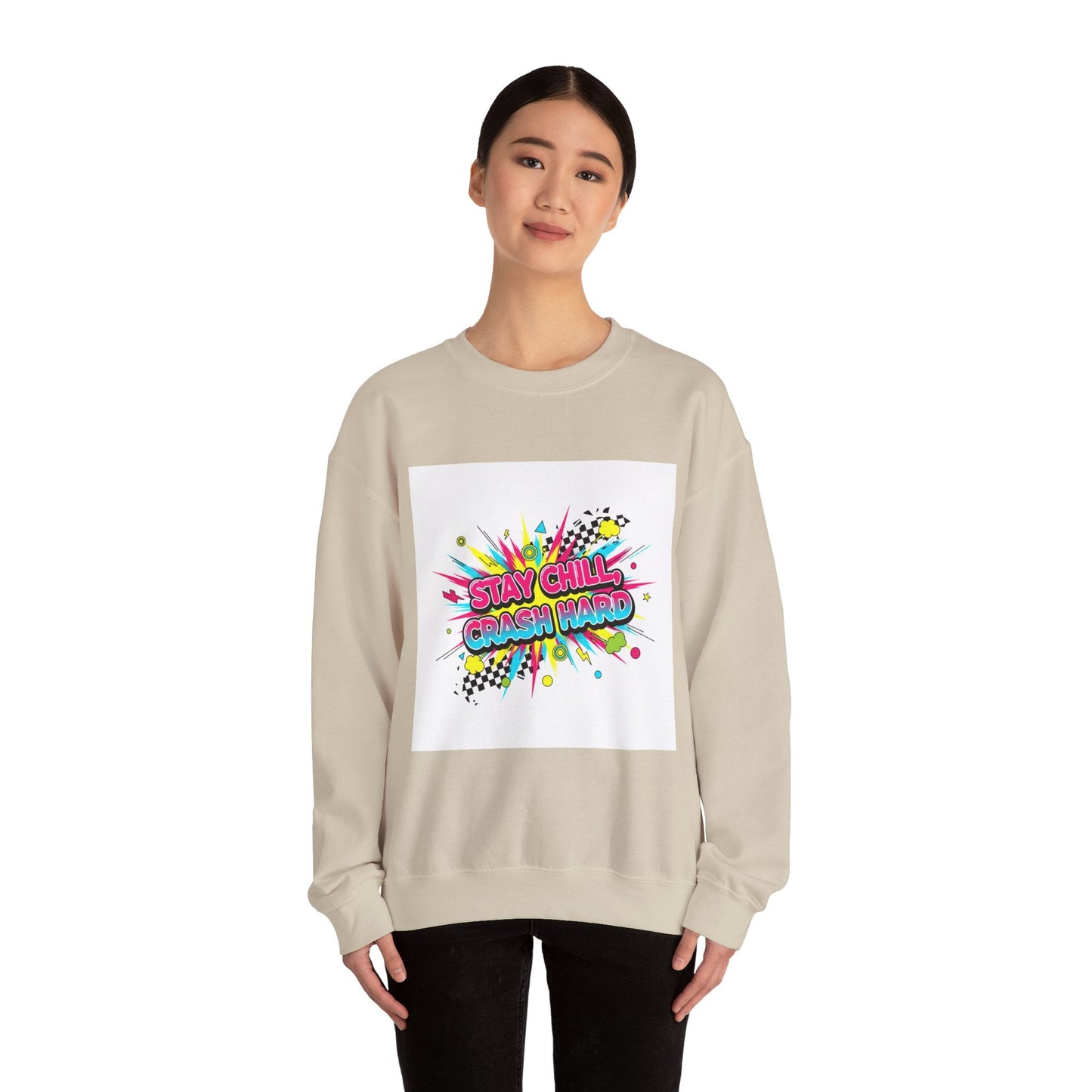 Stay Chill Crash Out Crewneck Sweatshirt | neon graffiti meltdown design