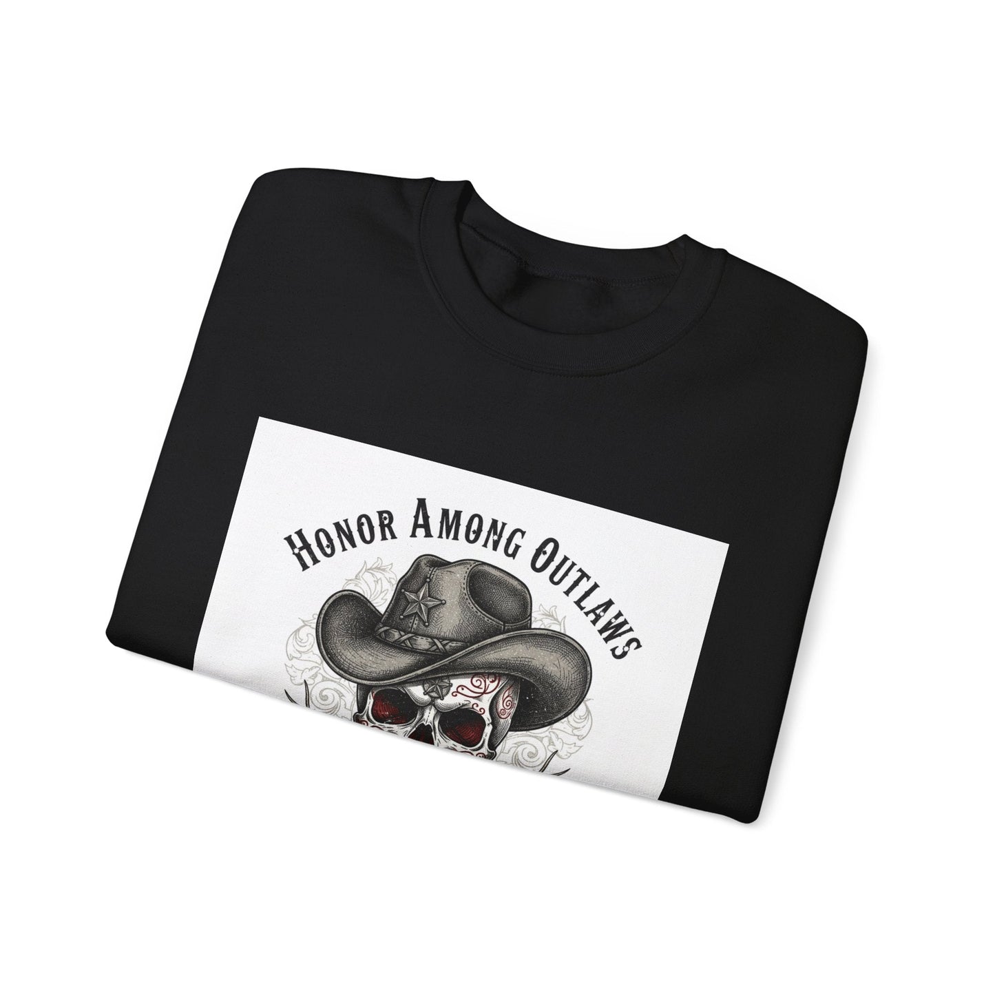 Honor Among Outlaws Crewneck, western skull art | gothic Americana, desert noir design