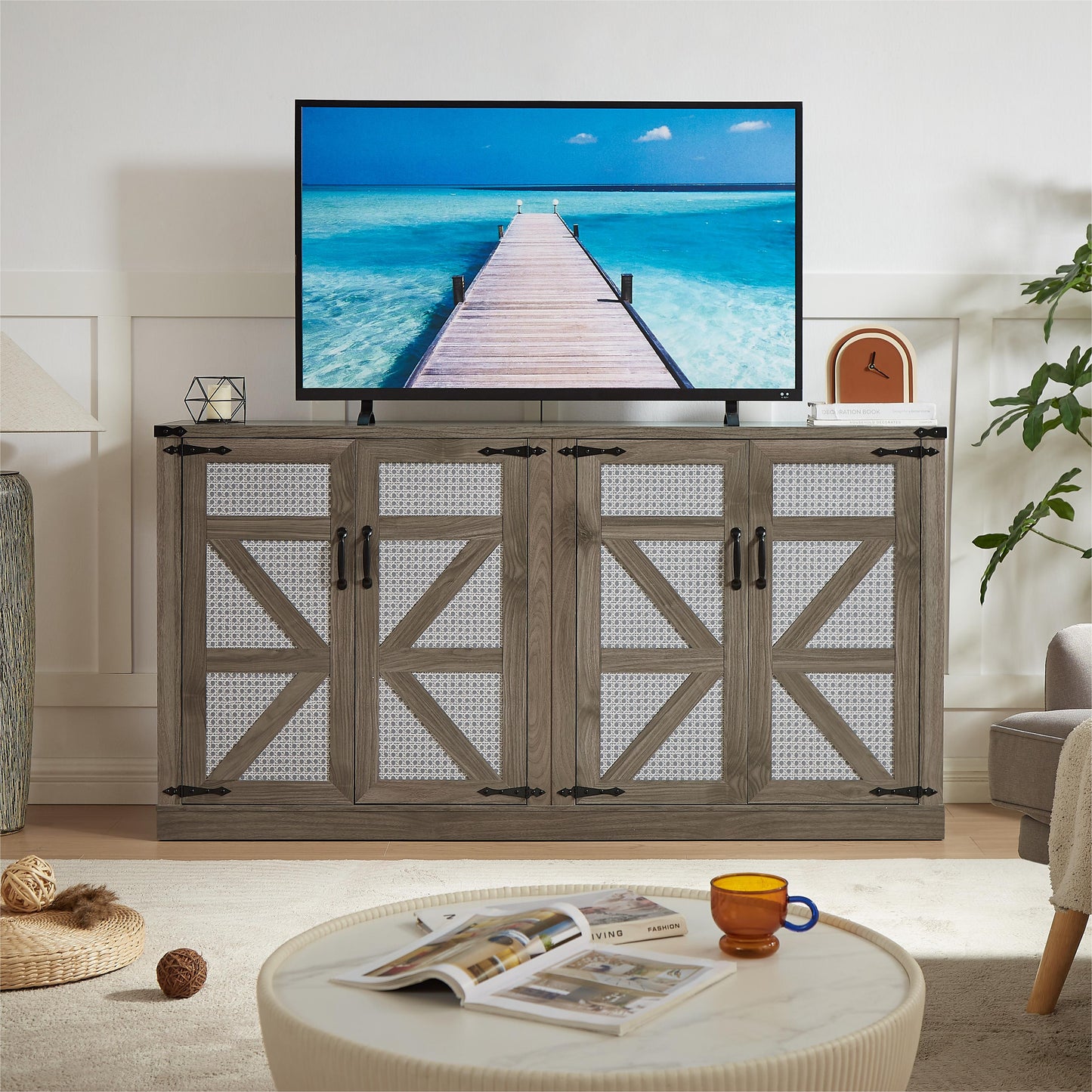 65-Inch Slate Gray Faux Rattan Sideboard with Barn Doors Rustic Sideboard, 4-Door Storage for Living Room, Entryway, Bedroom
