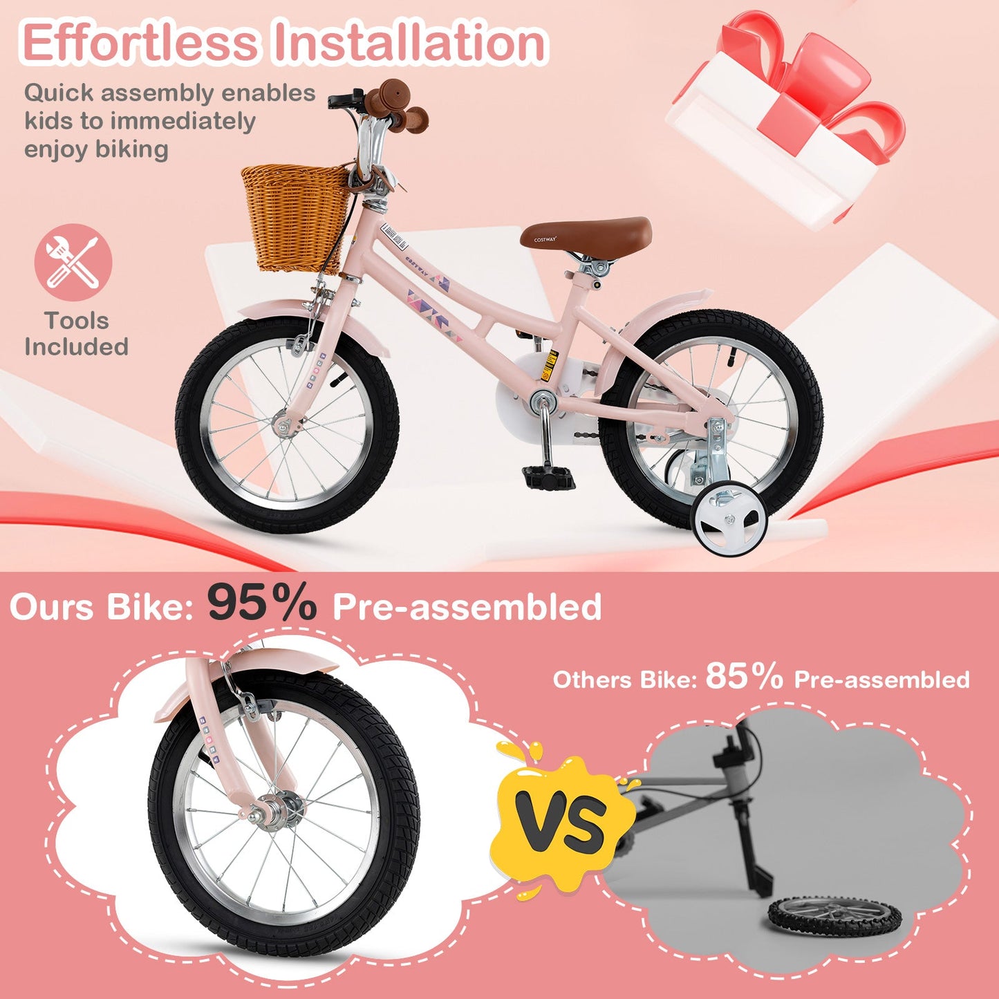 14 Inch Kids Bike Retro Bicycle with Adjustable Height and Basket for Ages 3-5 Years Old-