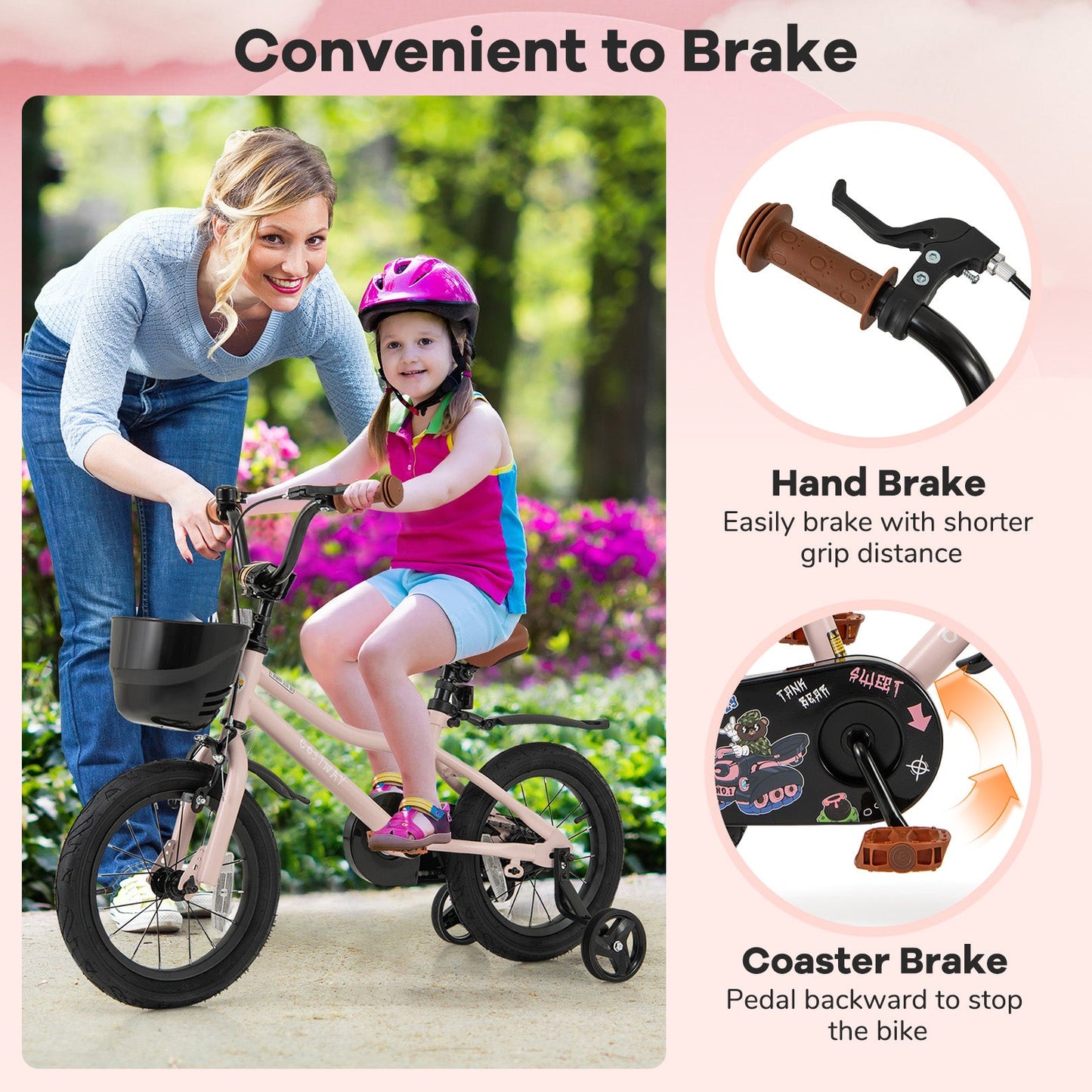 14 Inches Kids Bike with Basket and Adjustable Handlebar for 3-5 Years Old