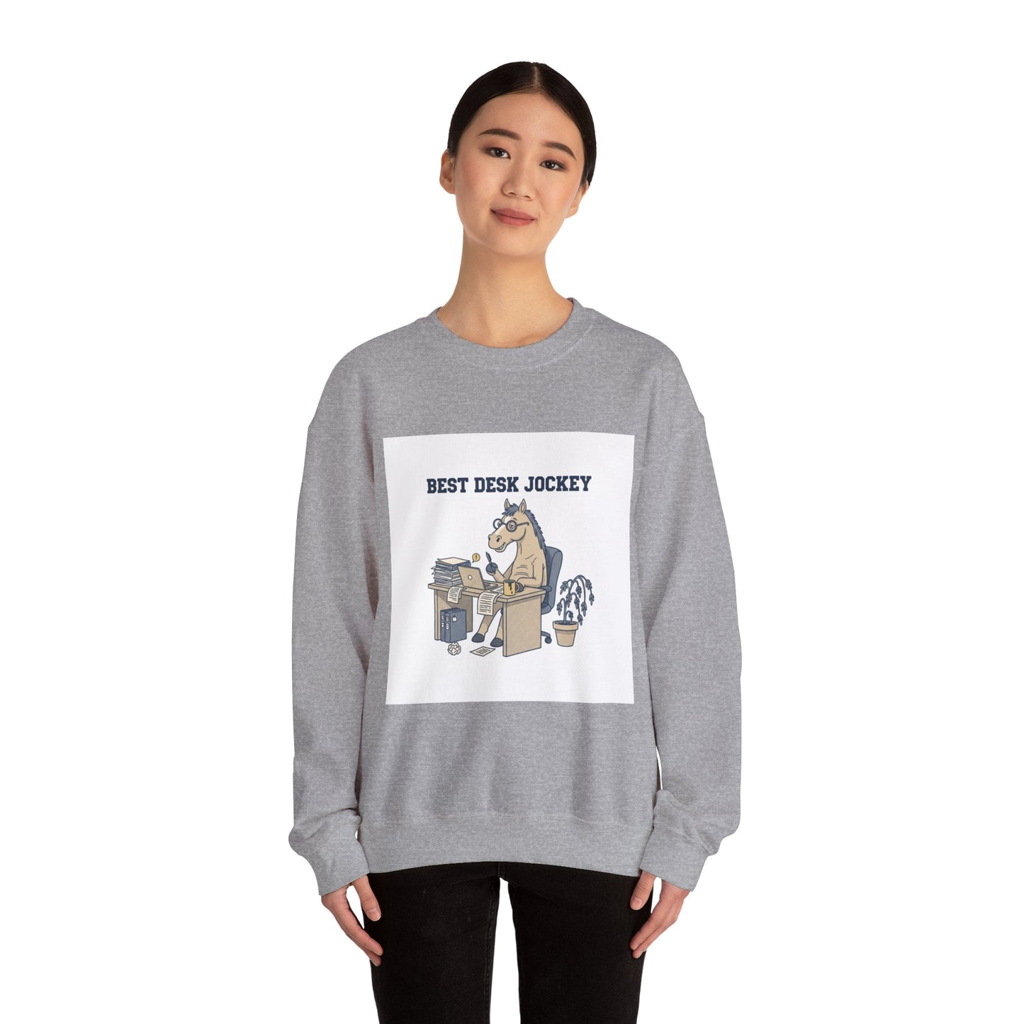 Workhorse Desk Jockey Sweatshirt | corporate burnout parody, collegiate horse design