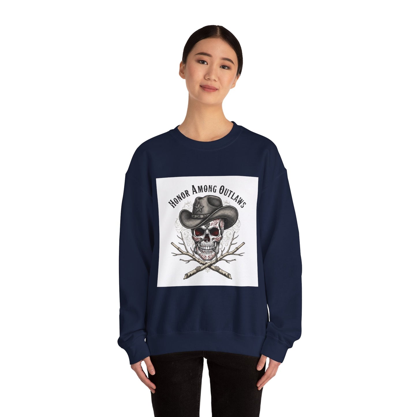 Honor Among Outlaws Crewneck, western skull art | gothic Americana, desert noir design