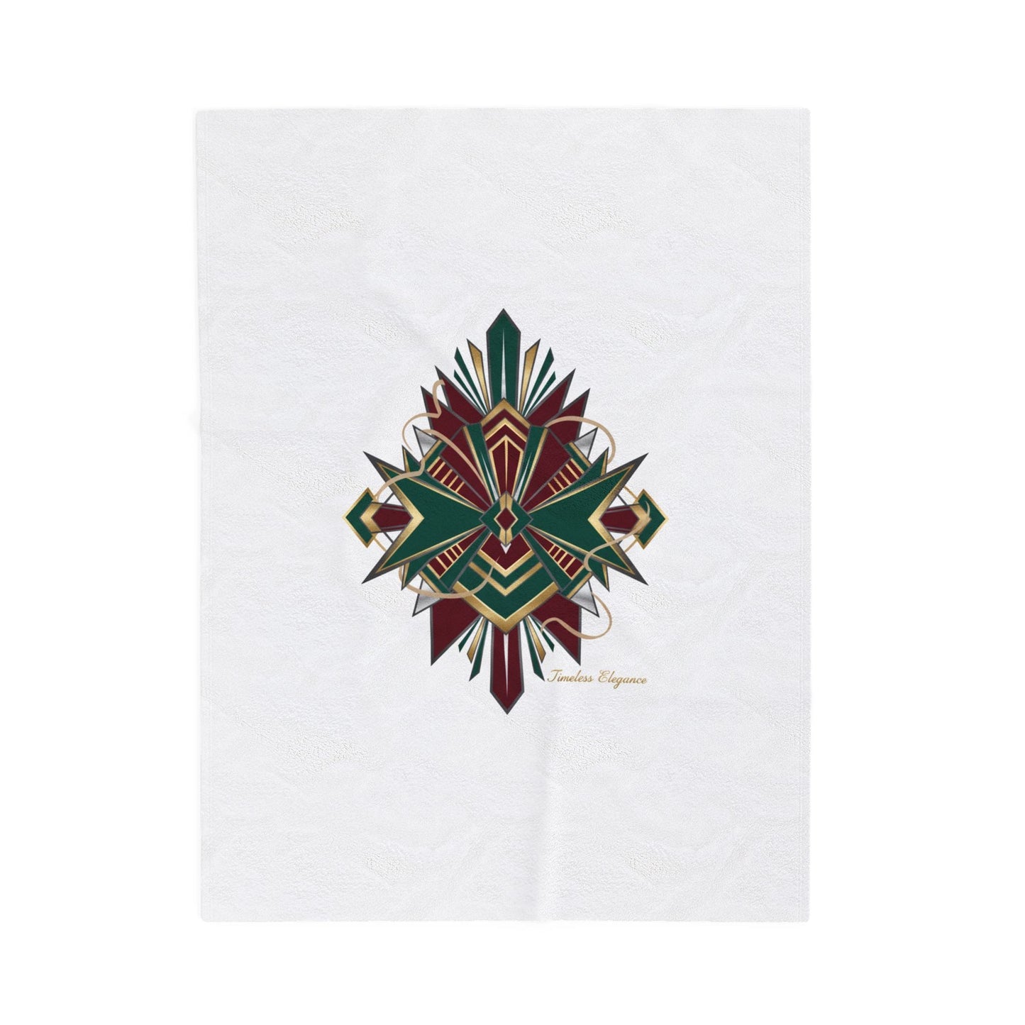 Art Deco Emerald & Burgundy Geometric Velvet Throw Blanket | Brass Chrome Fan Motif