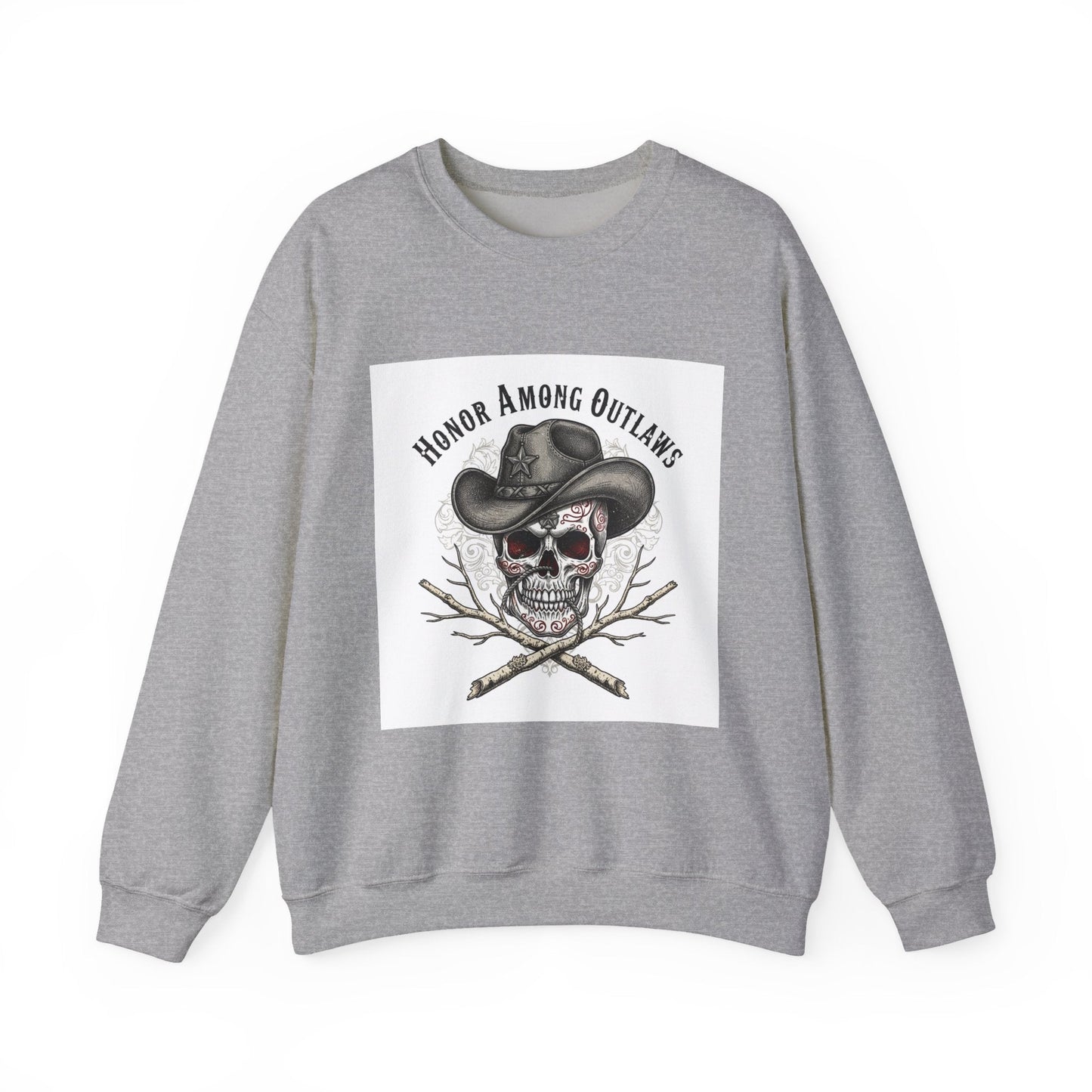 Honor Among Outlaws Crewneck, western skull art | gothic Americana, desert noir design