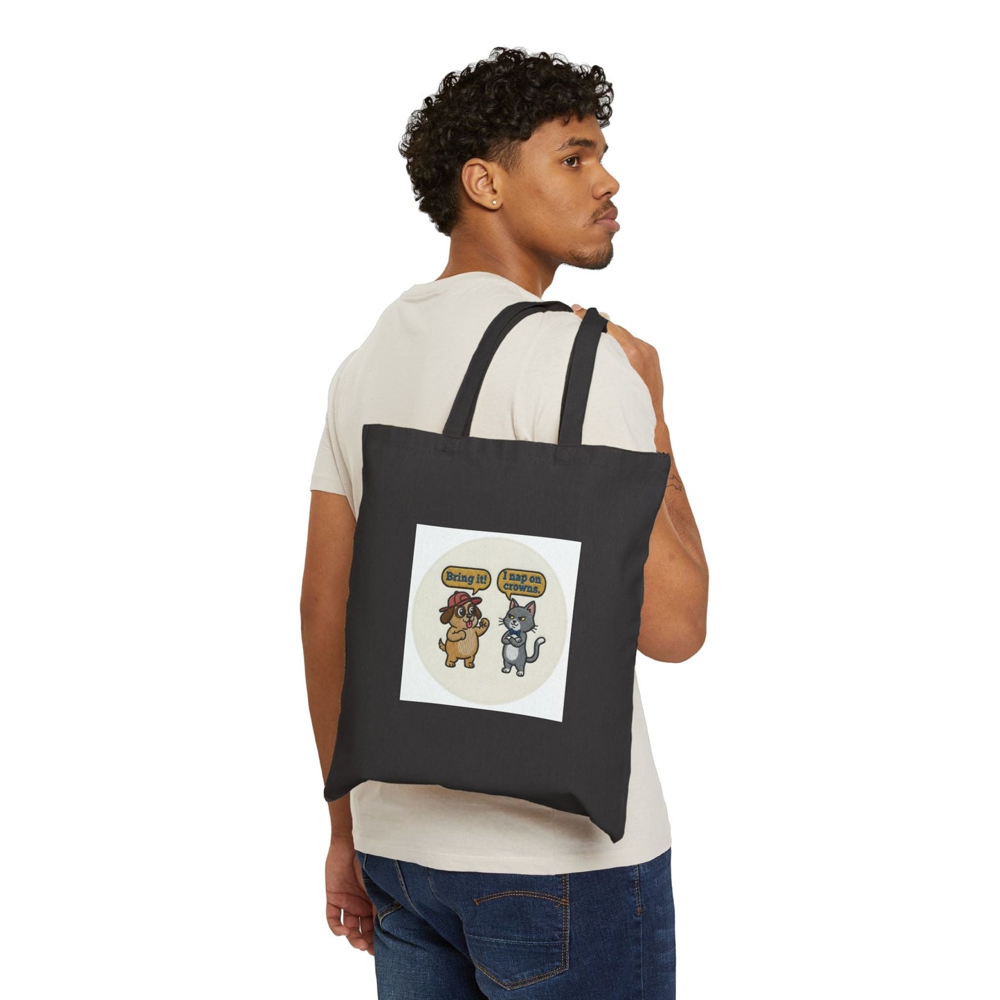 Funny Cat vs Dog Cotton Canvas Tote Bag — Cute Pet Rivalry Design
