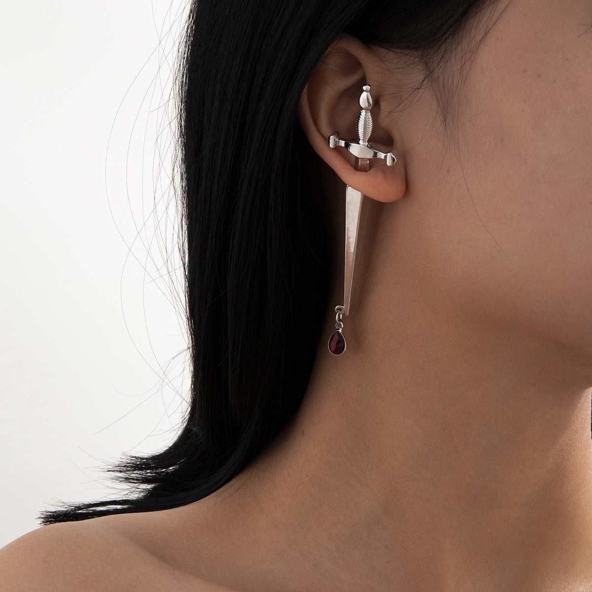 Long Sword Hilt Earrings Red Drop Cross Earrings