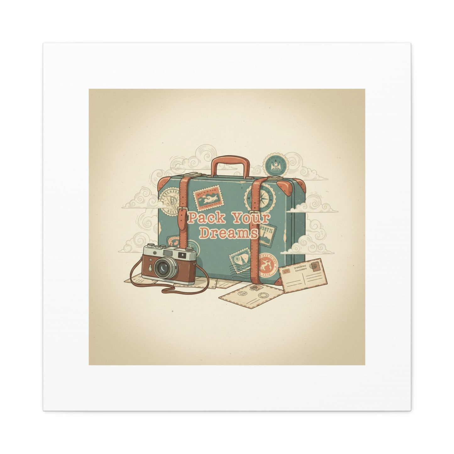 Pack Your Dreams Canvas | Retro Travel Postcard, Wanderlust Passport Stamp Art