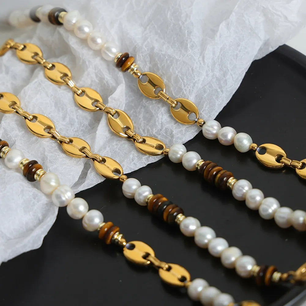 Freshwater Pearl Tiger Eye Stone Pig Nose Bracelet