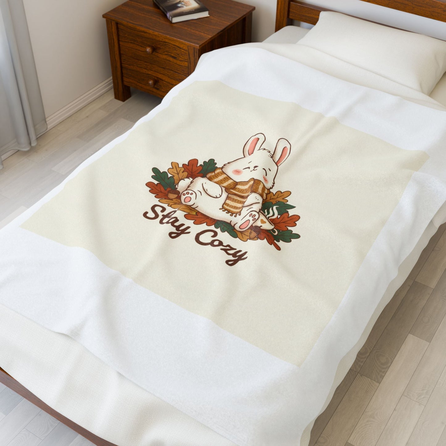 Stay Cozy Bunny, Plush Blanket | cute animal illustration, winter forest art