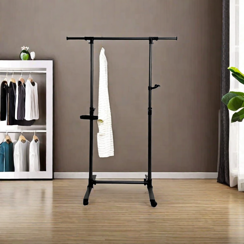 Short clothes hanger with chassis and wheels, heavy-duty rolling clothes hanger, black