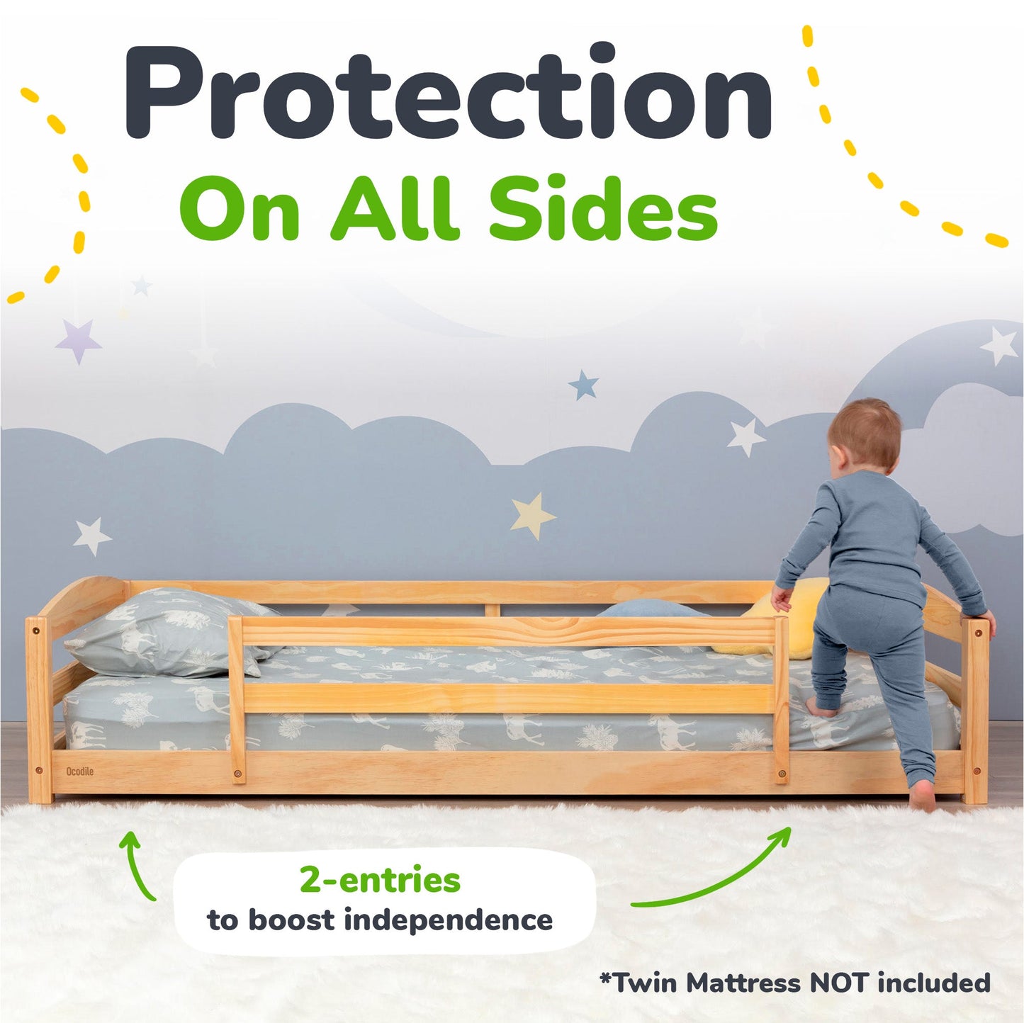 Twin Floor Bed with Safety Guardrails for Kids - Montessori Inspired