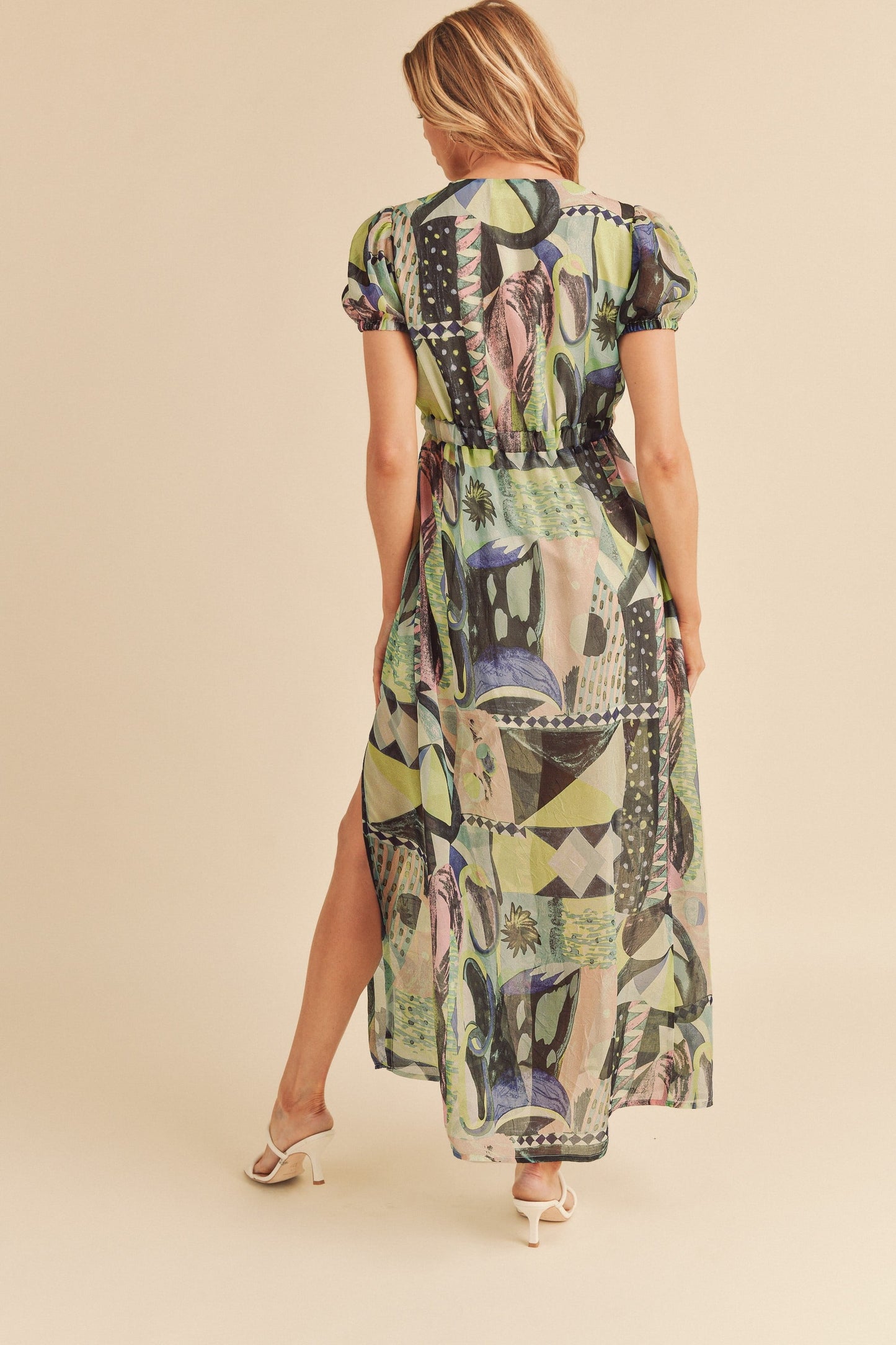 Lace Detail Slit Geometric Print Short Sleeve Maxi Comfortable Dress For Women, Elegant Lace, Alluring Slit, Sophisticated Geometric Print for Casual & Dressy Occasions