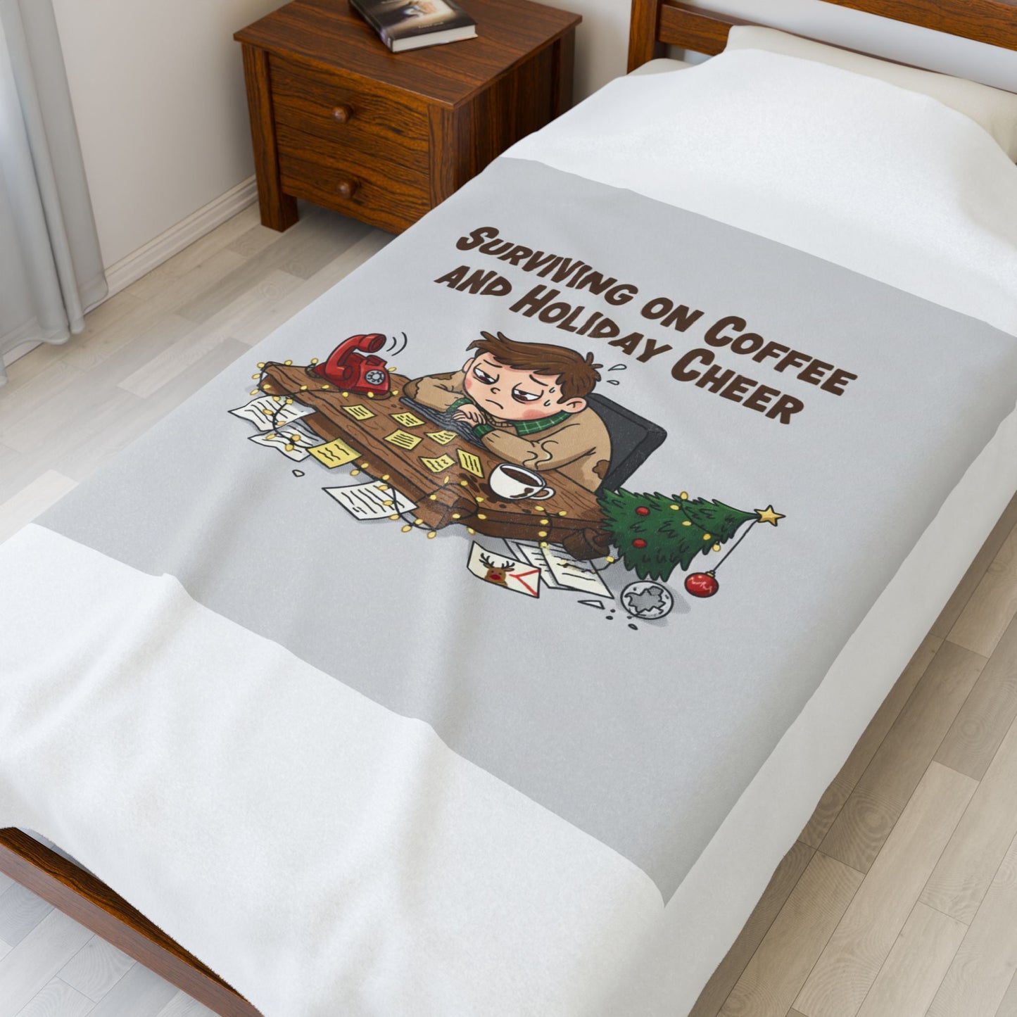 Surviving on Coffee and Holiday Cheer Velveteen Blanket | holiday burnout, festive but tired