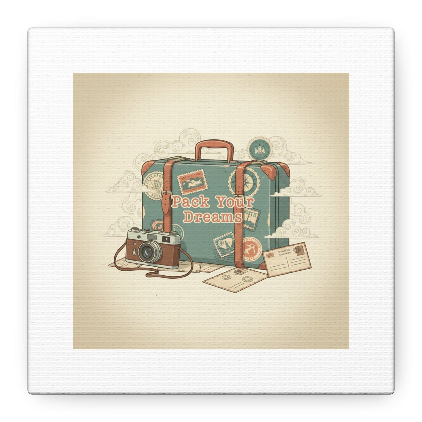 Pack Your Dreams Canvas | Retro Travel Postcard, Wanderlust Passport Stamp Art