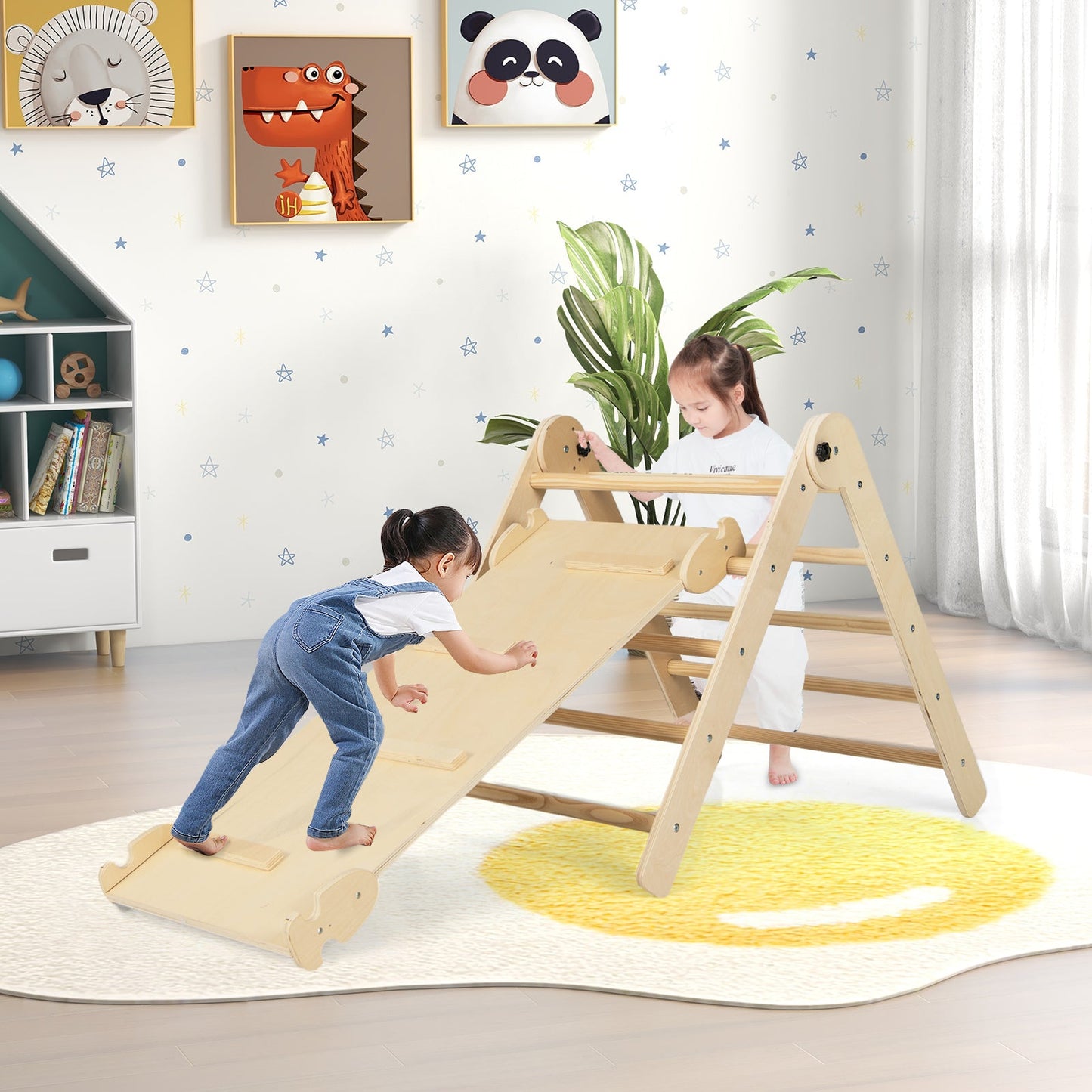 3-in-1 Climbing Set Foldable and Adjustable Kids Triangle Set-Natural