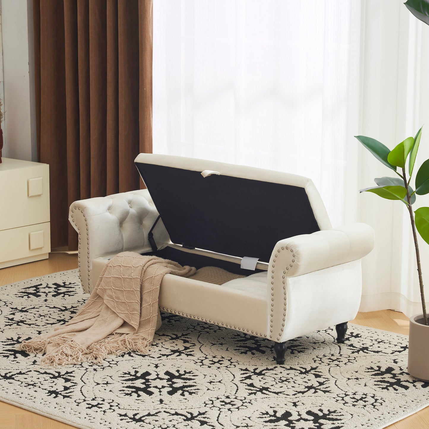 Velvet Multifunctional Storage Rectangular ottoman bench with 1 Pillow, Beige