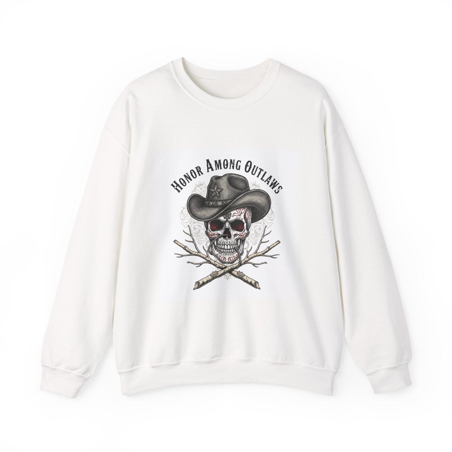 Honor Among Outlaws Crewneck, western skull art | gothic Americana, desert noir design
