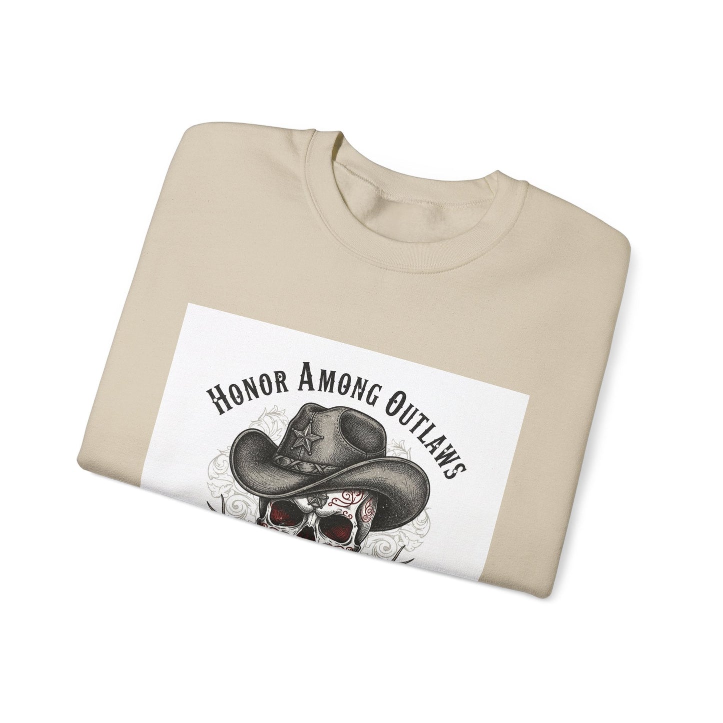 Honor Among Outlaws Crewneck, western skull art | gothic Americana, desert noir design