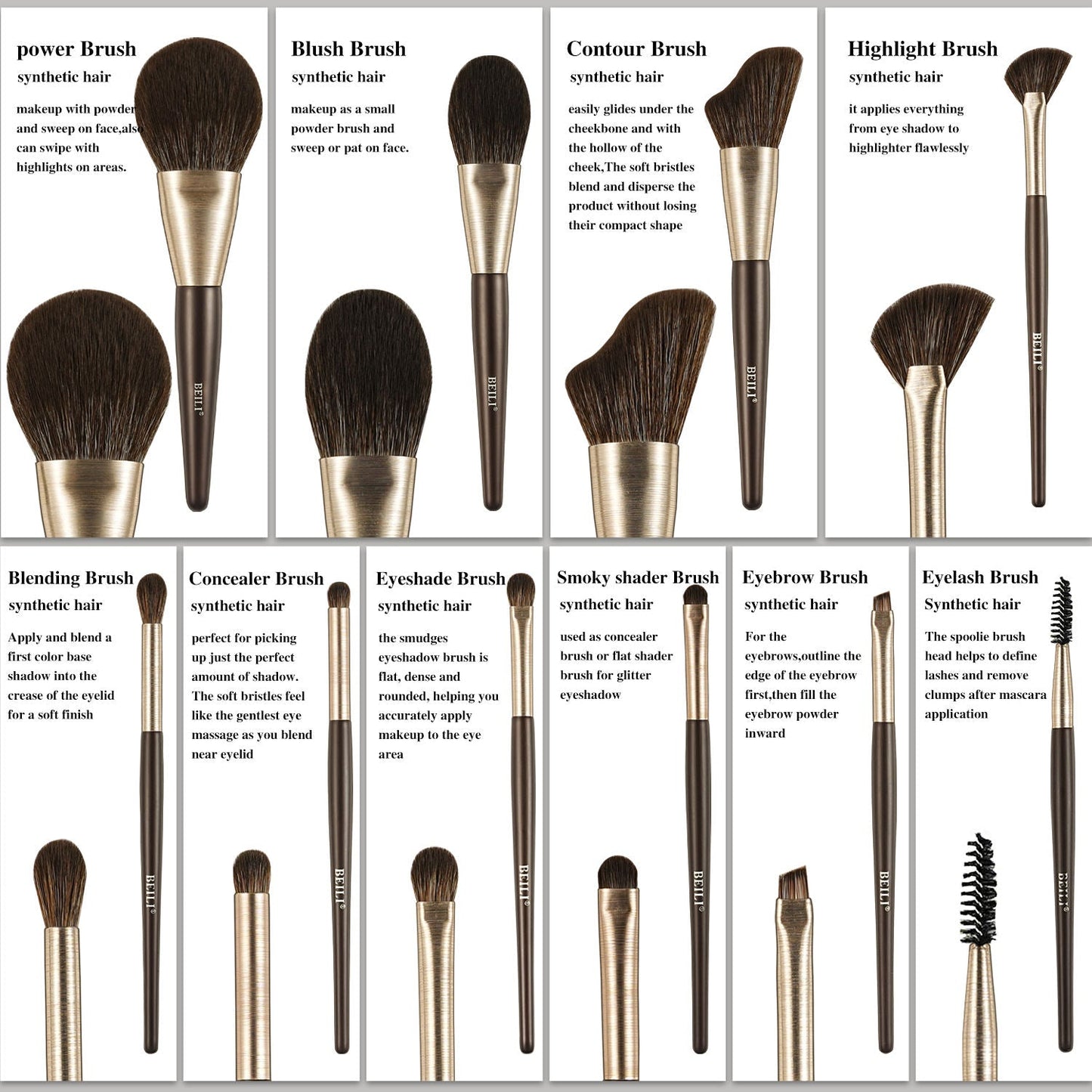 Baili 10pcs Rose Gold Tube Synthetic Hair Vegan Luxury Makeup Brush