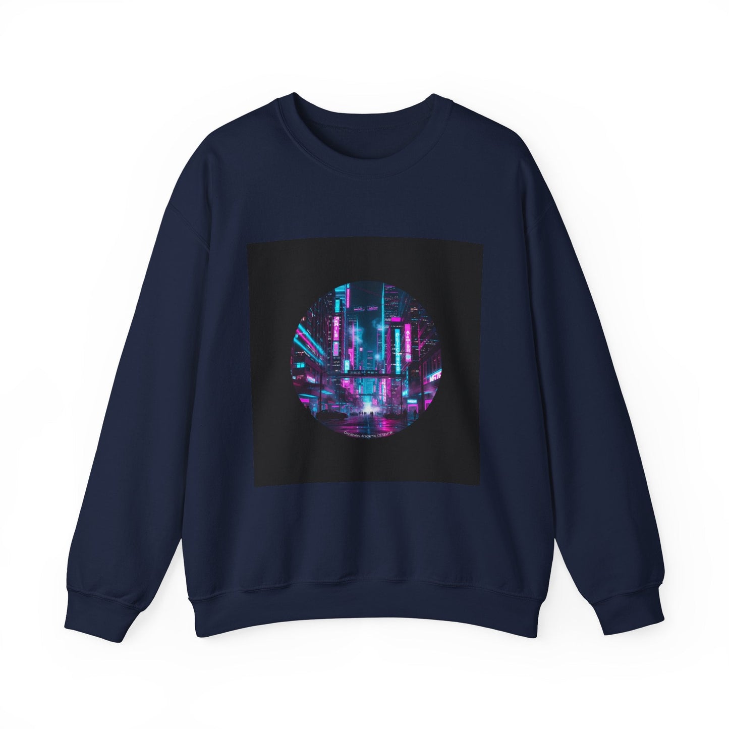 Neon Cyberpunk Skyline Sweatshirt | synthwave cityscape, future city art