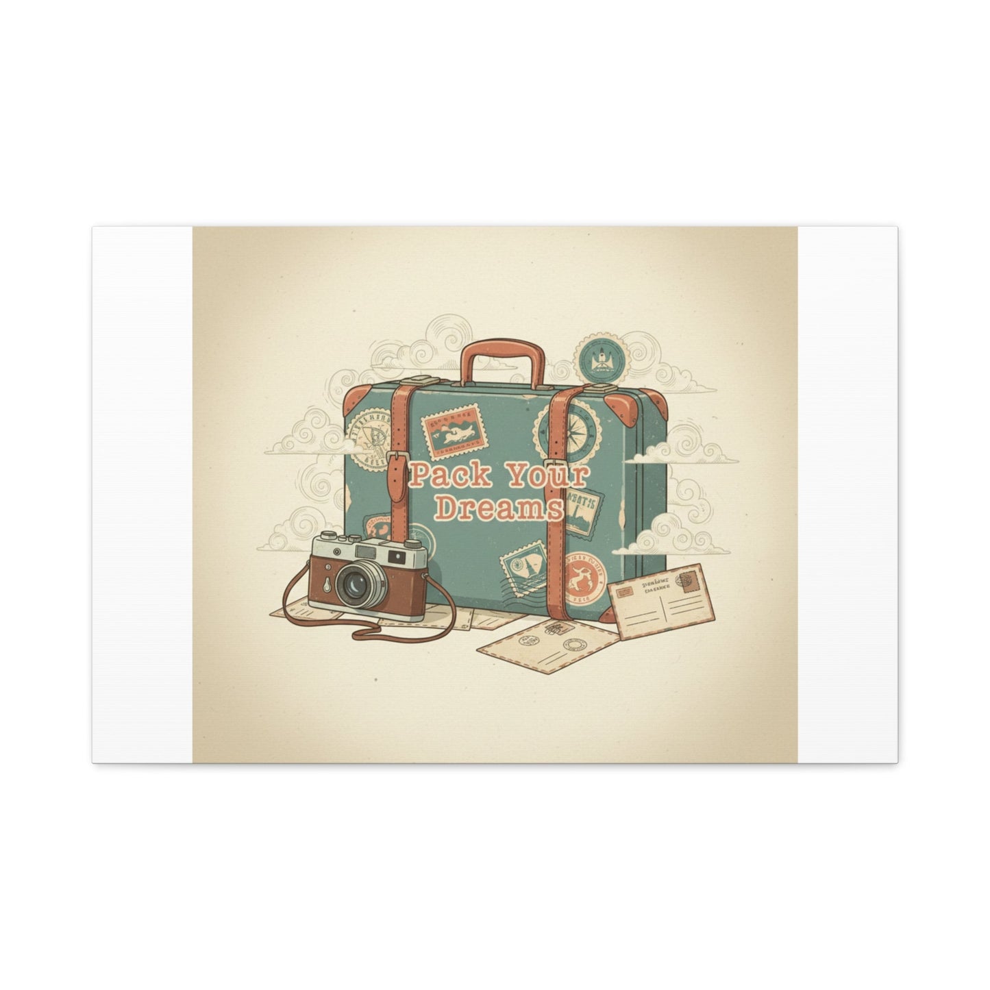 Pack Your Dreams Canvas | Retro Travel Postcard, Wanderlust Passport Stamp Art