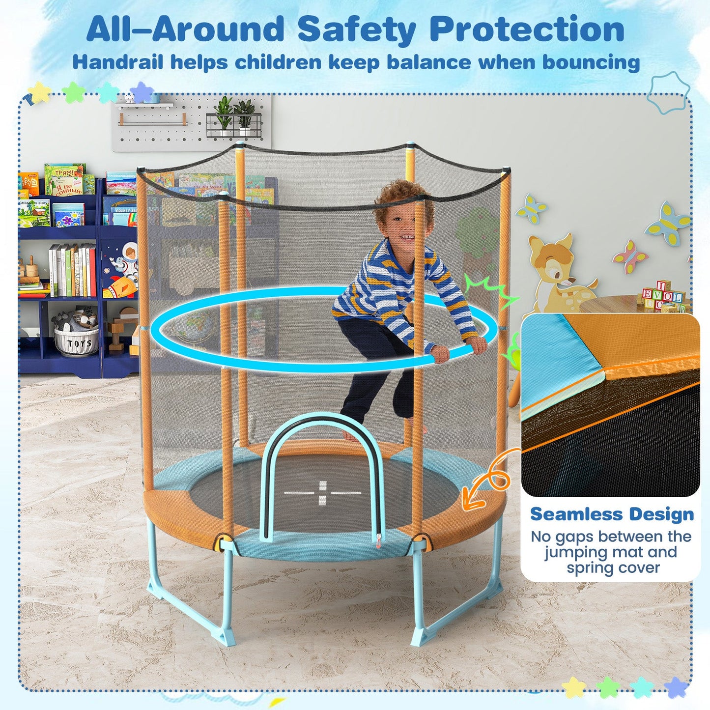 60 Inch Trampoline with Gymnastic Bar and Rings for Kids-Orange