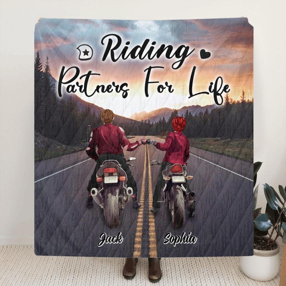 Personalized Motorcycle Couple Quilt/Fleece Blanket/Pillow Cover - Up to 4 People - Best Gift For Couple - Riding Partners For Life