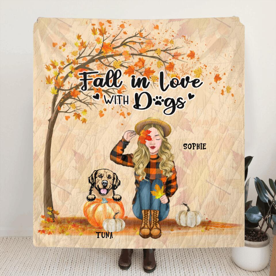 Personalized Fall Dog Mom Fleece Blanket/Quilt - Up to 4 Pets - Best Gift For Dog Lovers - Fall In Love With Dogs - MTJKZW