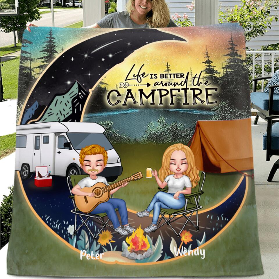 Personalized Camping Moon Couple With Dog Pillow Cover/Fleece/Quilt Blanket - Up to 3 Dogs - Gift Idea For Camping Lover - Life Is Better Around The Campfire