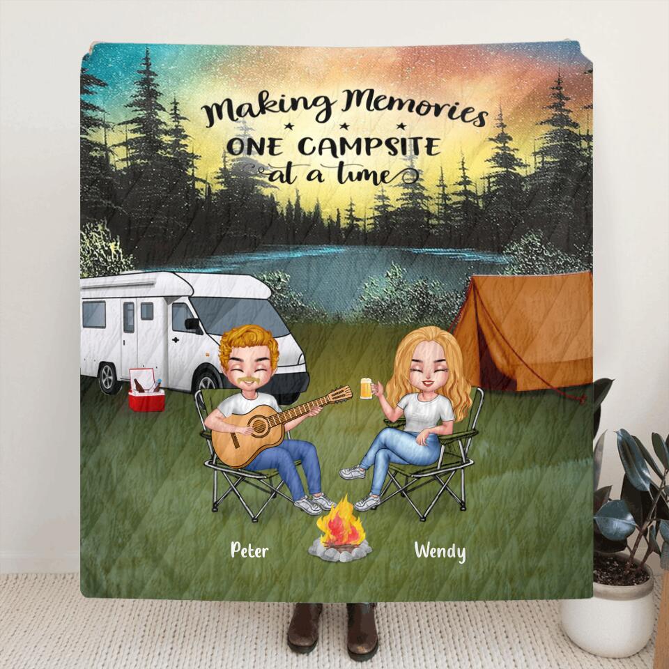 Personalized Guitar Camping Couple Fleece Throw Blanket/Quilt - Gift For Camping Lovers - Up To 3 Dogs - Making Memories One Campsite At A Time