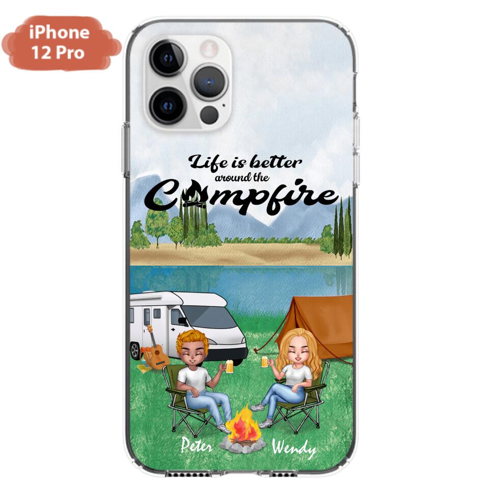 Personalized Camping Chibi Phone Case - Couple With Up to 2 Dogs - Gift Idea For Dog/Camping Lover - Life Is Better Around The Campfire - Case For iPhone And Samsung