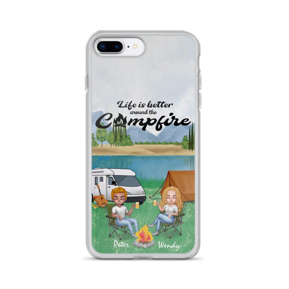 Personalized Camping Chibi Phone Case - Couple With Up to 2 Dogs - Gift Idea For Dog/Camping Lover - Life Is Better Around The Campfire - Case For iPhone And Samsung