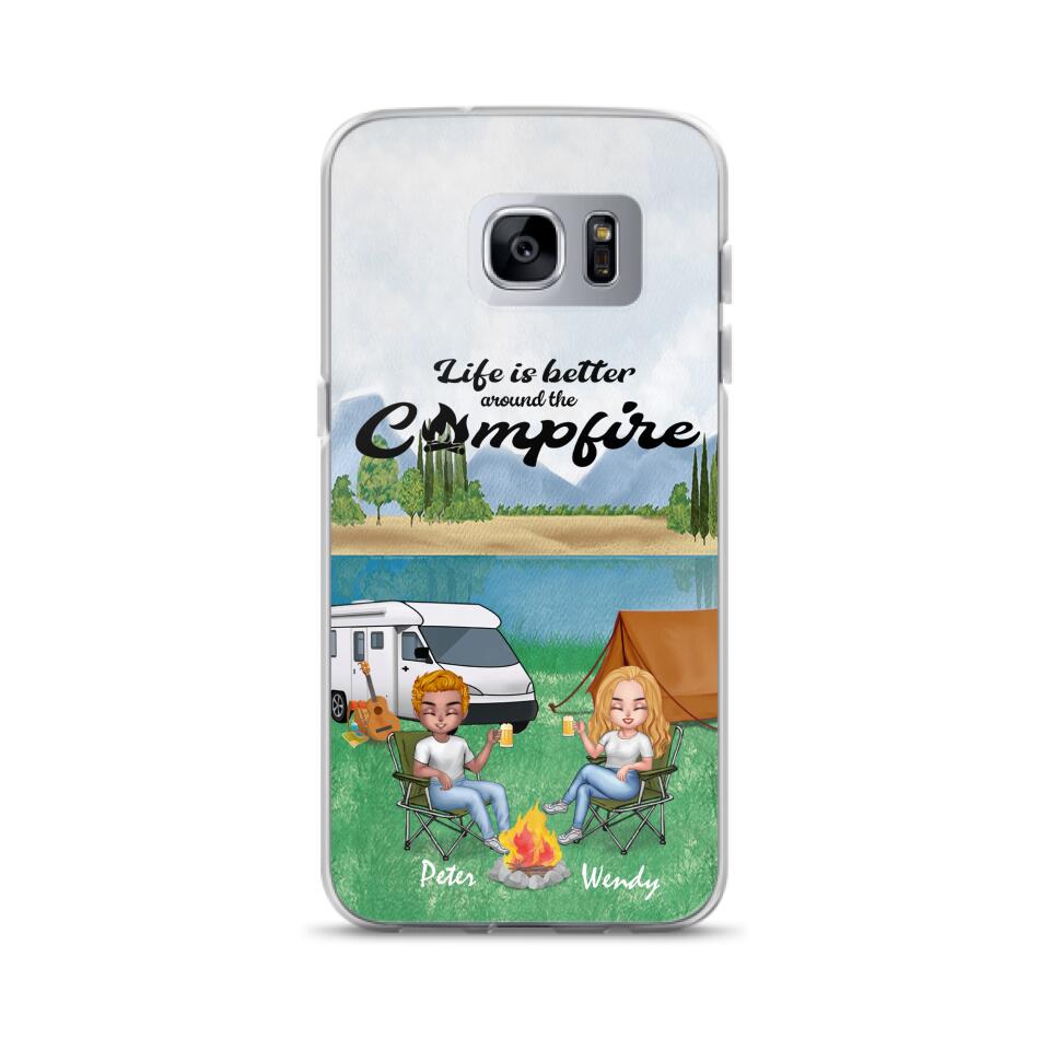 Personalized Camping Chibi Phone Case - Couple With Up to 2 Dogs - Gift Idea For Dog/Camping Lover - Life Is Better Around The Campfire - Case For iPhone And Samsung