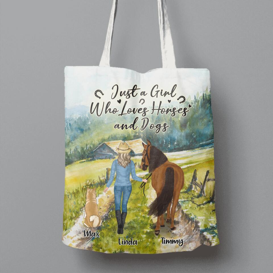 Personalized Horse And Dog Canvas Bag - Up to 2 Horses And 4 Dogs - Best Gift For Horse/Dog Lover - Just A Girl Who Loves Horses And Dogs