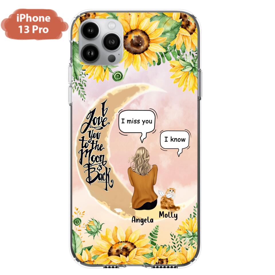 Personalized Memorial Cat Sun Flower Phone Case - Up to 6 Cats - Memorial Gift Idea For Cat Lover - I Love You To The Moon And Back - Case For iPhone And Samsung