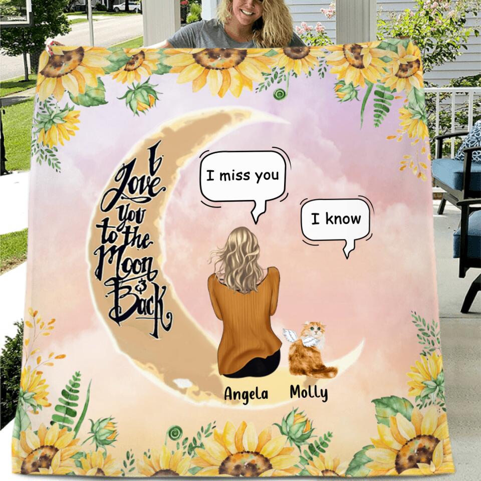 Personalized Memorial Cat Sun Flower Pillow Cover/Quilt/Fleece Throw Blanket - Up to 6 Cats - Memorial Gift Idea For Cat Lover - I Love You To The Moon And Back