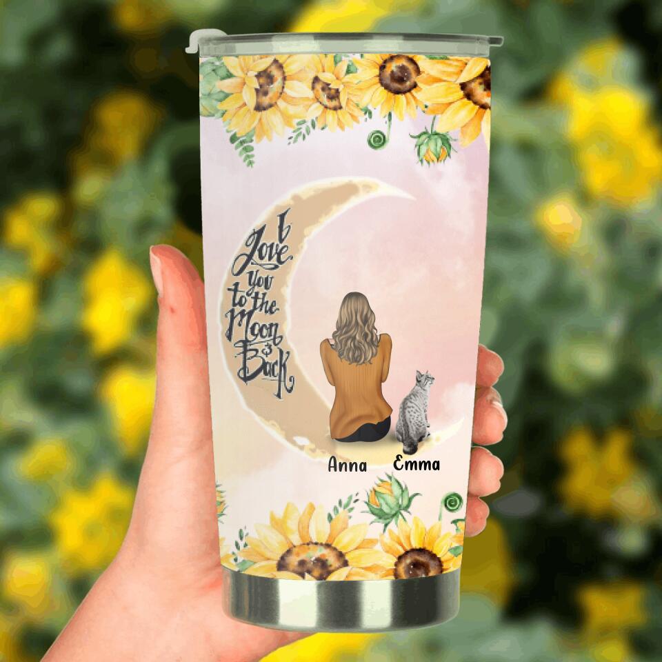 Personalized Cat Sun Flower Tumbler - Up to 6 Cats - Gift Idea For Cat Lover - I Love You To The Moon And Back