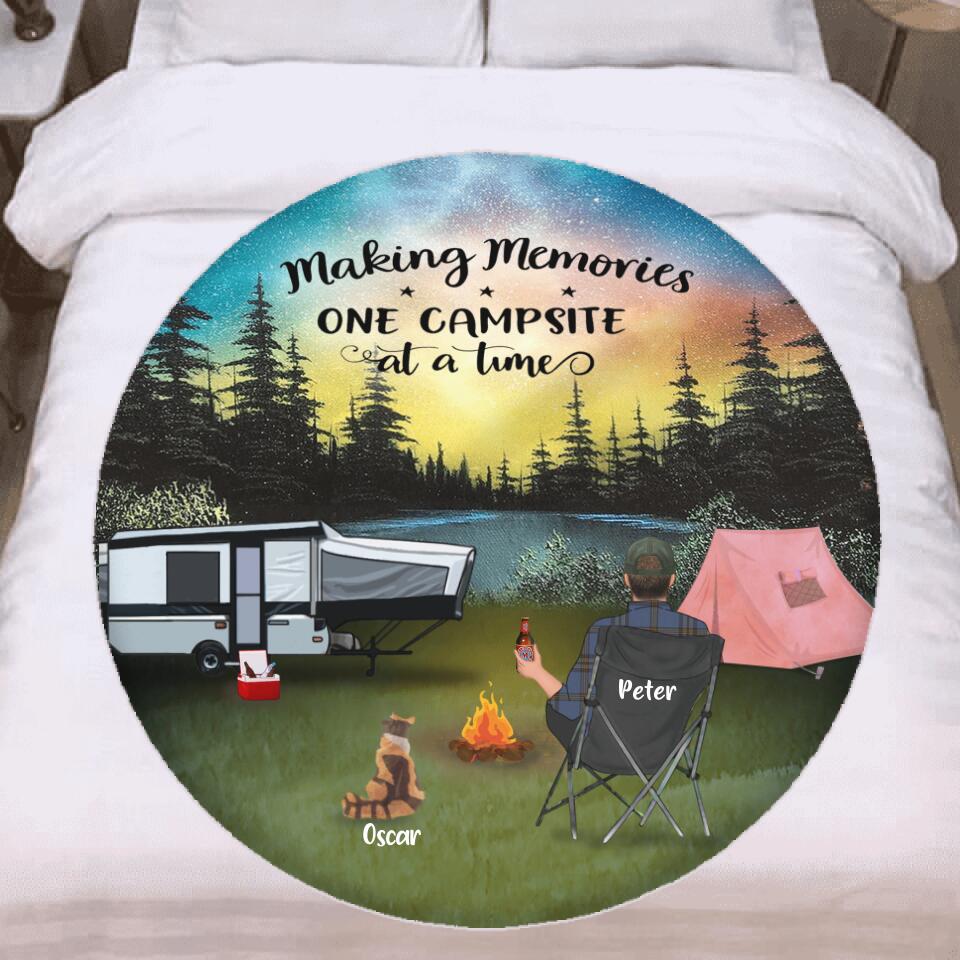 Personalized Camping Flannel Round Blanket - Adult/Couple/Parents With Up to 4 Kids And 4 Pets - Gift Idea For Camping Lover - Making Memories One Campsite At A Time