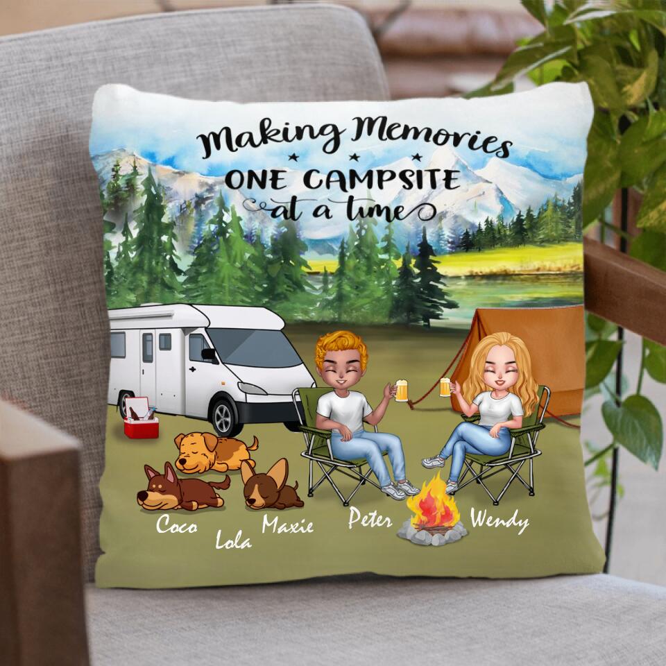 Personalized Camping Couple With Dogs Pillow Cover/Quilt/Fleece Throw Blanket - Couple With Up to 3 Dogs - Gift Idea For Dog/Camping Lover - This Is Our Happy Place